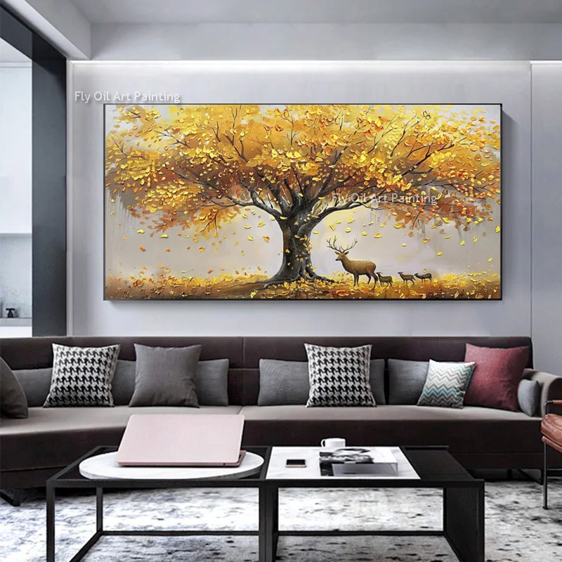 Abstract Tree Landscape Wall Art Hand Paint Golden Tree Canvas Texture Knife Oil Painting Home Decor For Living Room As Gift