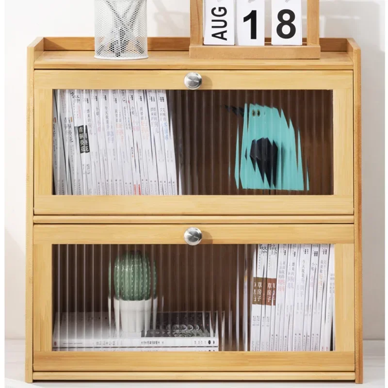 

Dust-proof Book Shelf Bamboo Material Shelves Furniture Transparent Flap Door Storage Shelves Trapezoidal Structure Book Cabinet