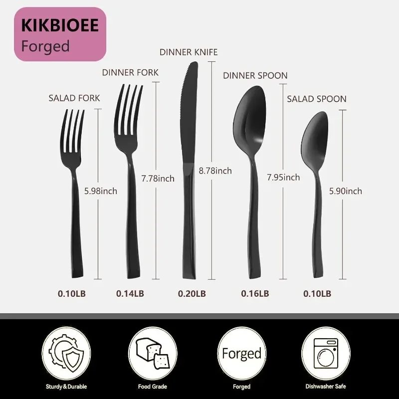 20-Piece Black Silverware Set, Forged Stainless Steel Cutlery Set, Bevel Handle Flatware Set, Modern Mirror| Dishwasher Safe