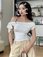 2025 femmes été Ins Style nouveau rétractable plissé une épaule haut court dos nu torsion cravate asymétrique T-Shirt haut décontracté 5