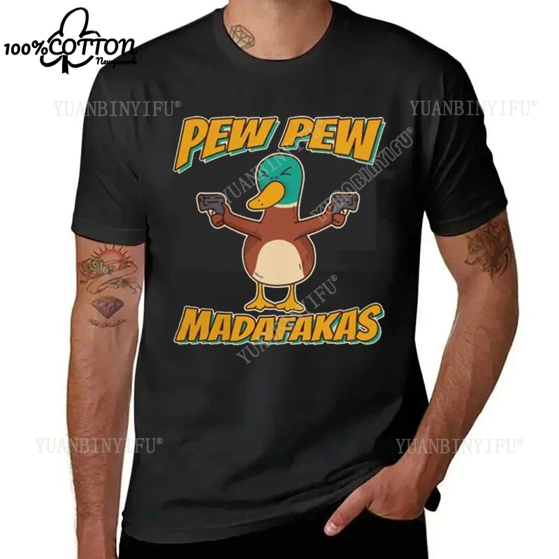 

Harajuku Humorous and Funny Pew Madafakas Duck with Gun Printing T-shirt Top 100% Cotton Loose O-neck Short-sleev Streetwear