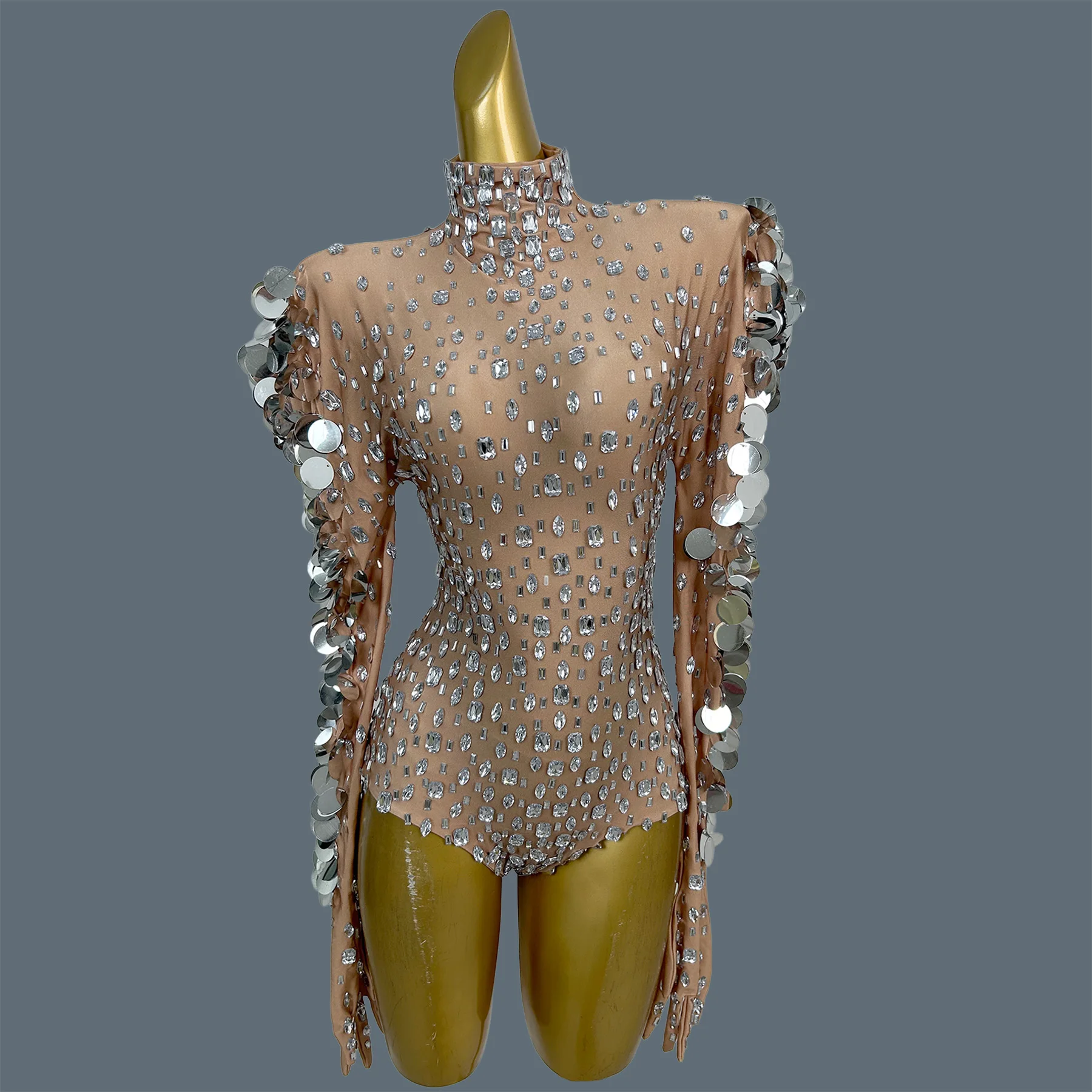 Women Sparkly Rhinestone Sequins Bodysuit Fringe Long Sleeve Club Stage Costume Nightclub Party Drag Queen Performer Wear Linyu