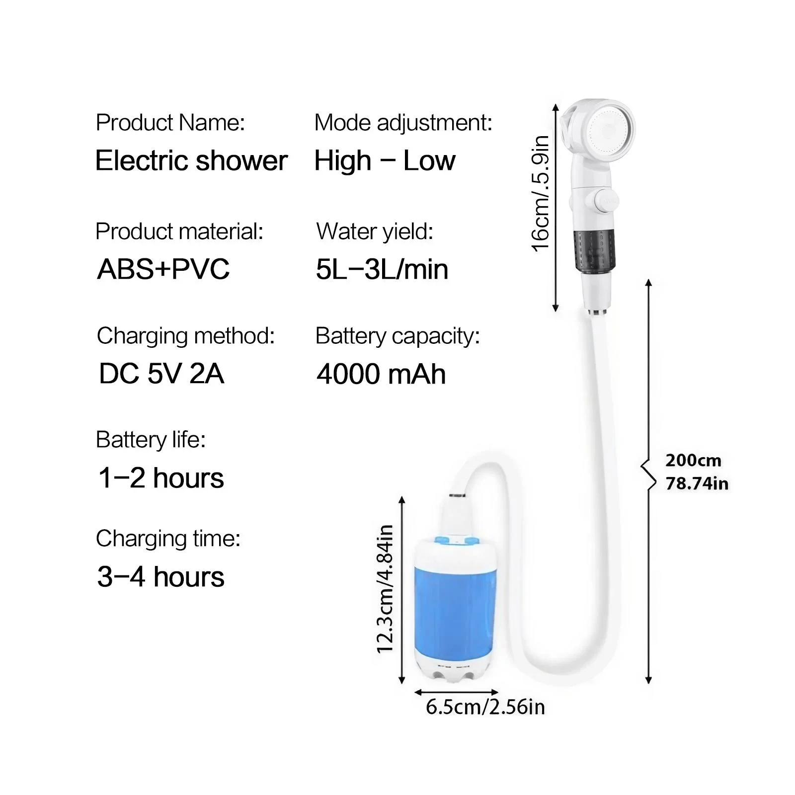 Multifunctional Portable Handheld Rechargeable Pet Shower Sprayer Gentle Stream Low Pressure for Dog Cat Bathing Outdoor Shower Pump Car Washing Flower Watering Camping Travel Hiking Compact USB Charging Easy Use Lightweight Design