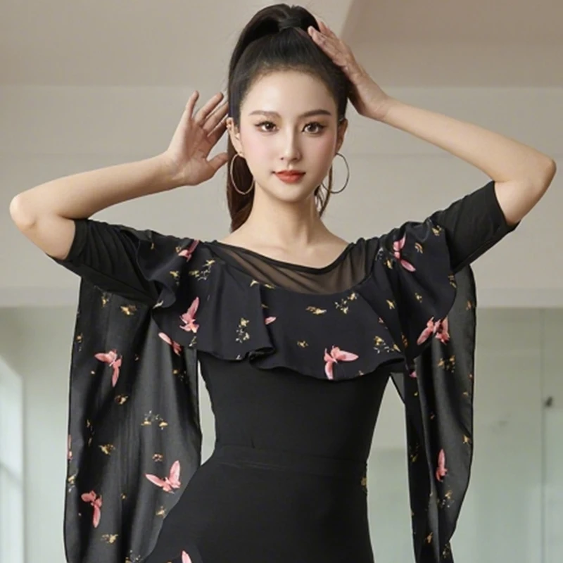 

New Women'S Rumba Tango Ballroom Dance Top Black Floating Sleeves Latin Dance Tops Adults Waltz Modern Dancing Wear DW10842