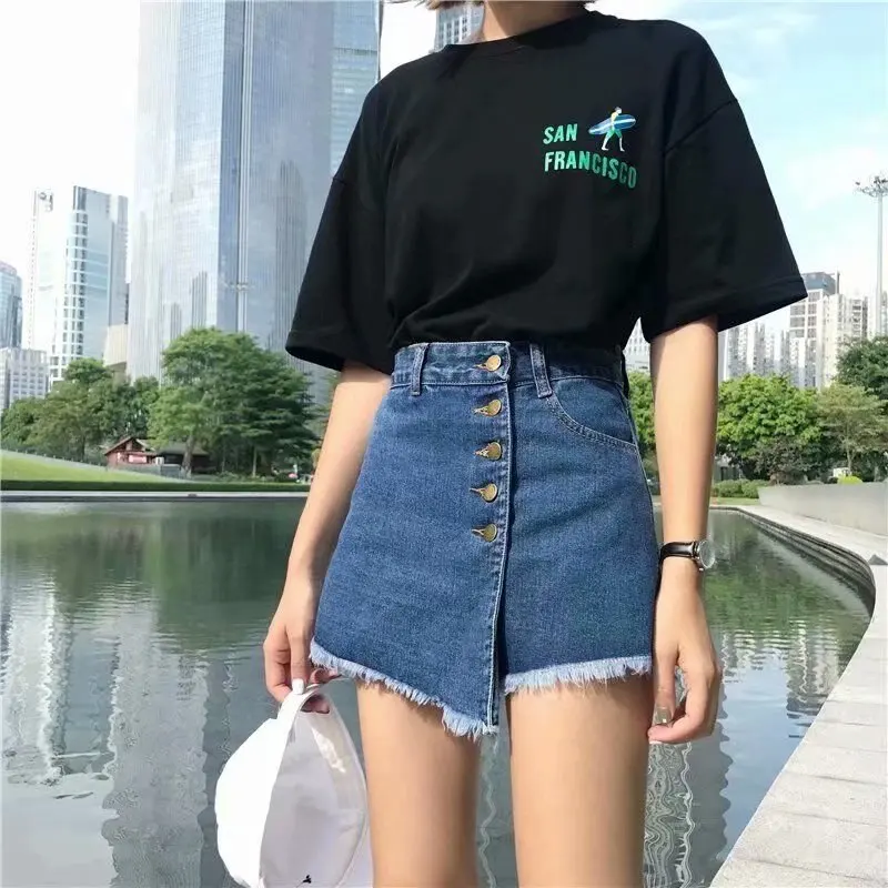 Summer Women's High Waist Button Denim Shorts Skirt Wide Leg A-line Skirts For Women