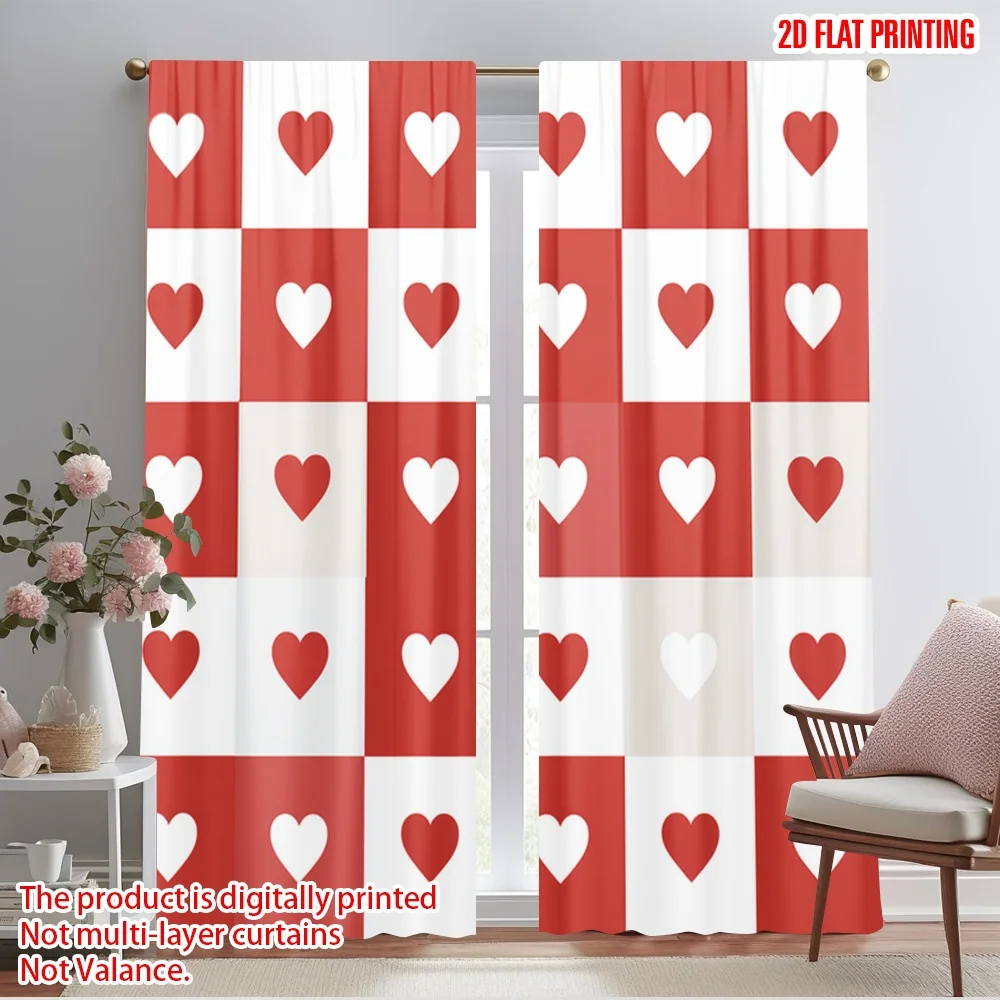 

2pcs 2D flat printing Window Curtains Heart Grid Fabric Without Electricity Family Party for Indoor Celebrations Room Garden