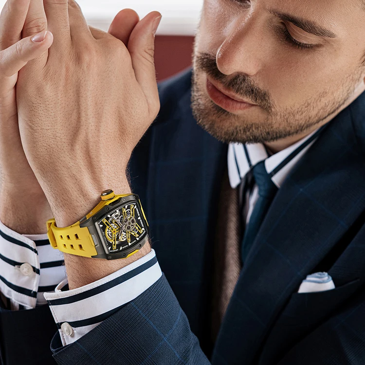 

BONEST GATTI Men Automatic Watch 46MM Tonneau Mechanical Wristwatch 50M Waterproof Sapphire Luminous Skeleton Dial