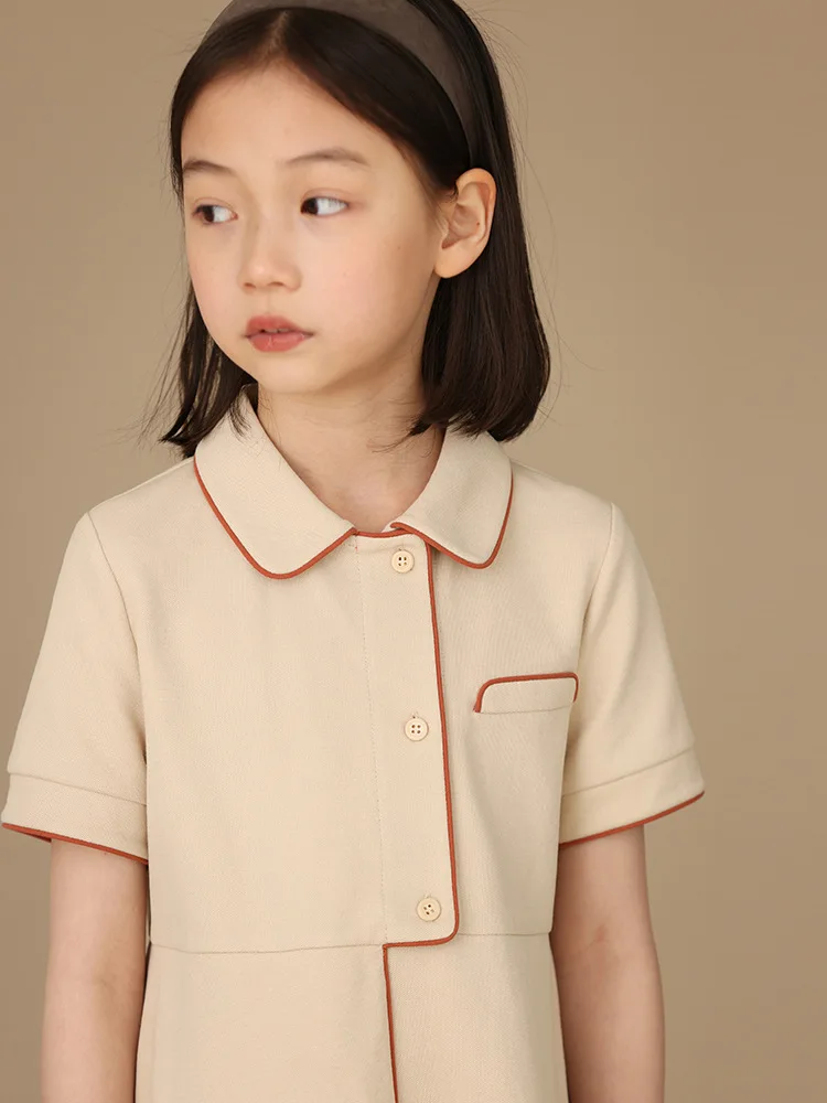 Summer Children\'s Asymmetric placket Polo Turn-down Collar Skirts Preppy Style Cotton Solid Lovely Fashion Modern Designable