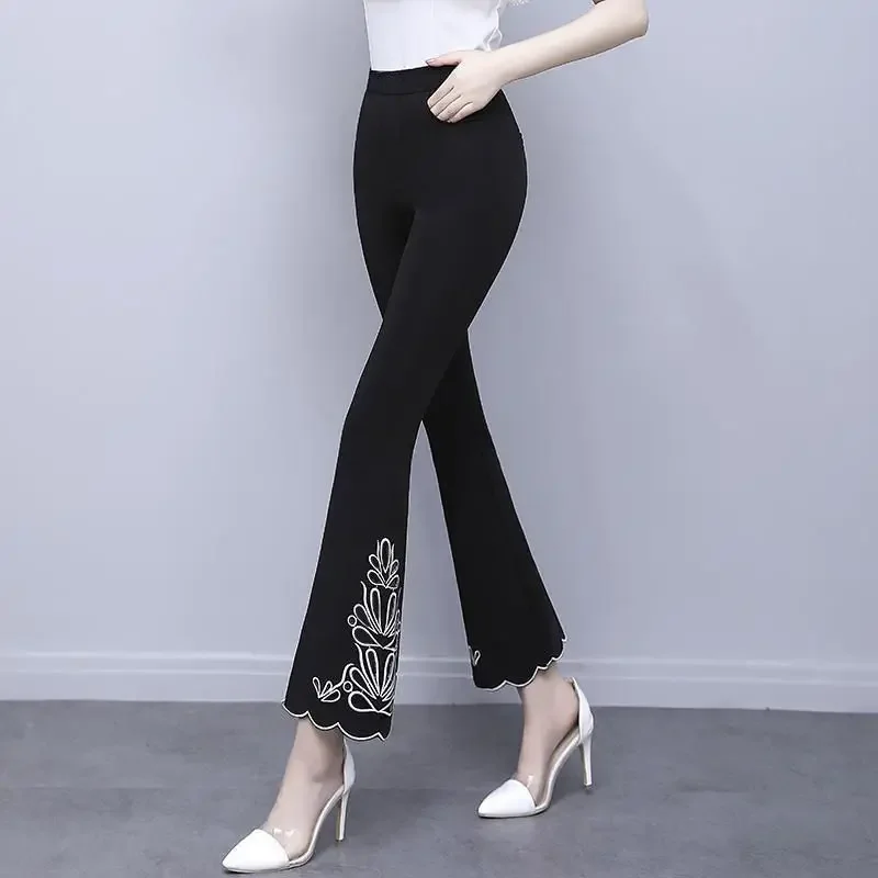 Spring New Patchwork High Waist Flare Pants Solid Color Slim Plus Size Black Wide Leg Pants Vintage Casual Women Clothing Z71