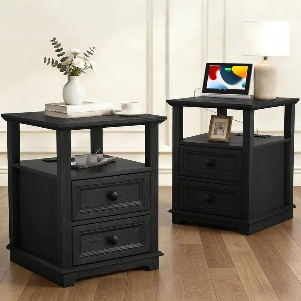 End Table with USB C Charging Station, 18" Wide Side Table with 2 Ders, armhouse Nightstand, Space-Saving Table or Living Room,