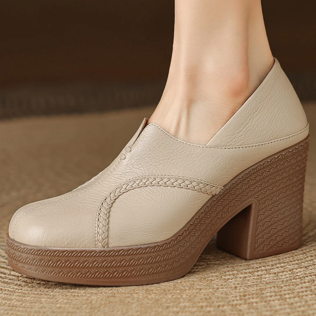 

Plus size 34-41 women's sheepskin square toe 8.5cm chunky heel platform slip-on pumps sexy ladies ultra high heeled dress shoes