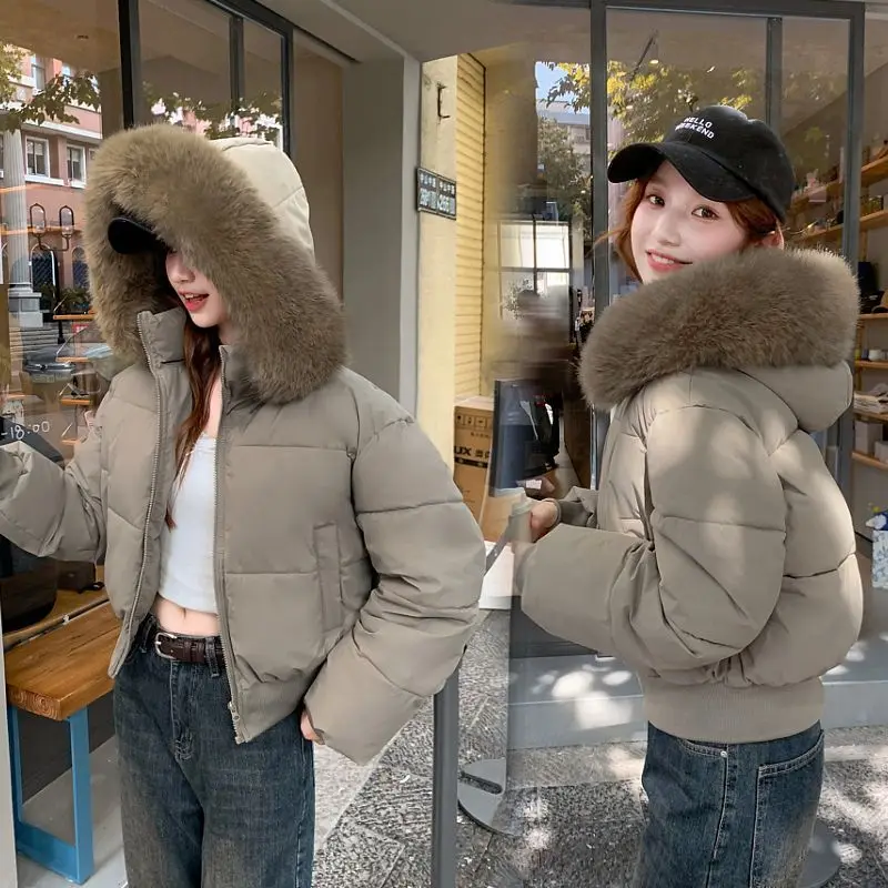 Hooded large fur collar down jacket for women 2026 winter thickened new warm short bread jacket with piece of cotton padded