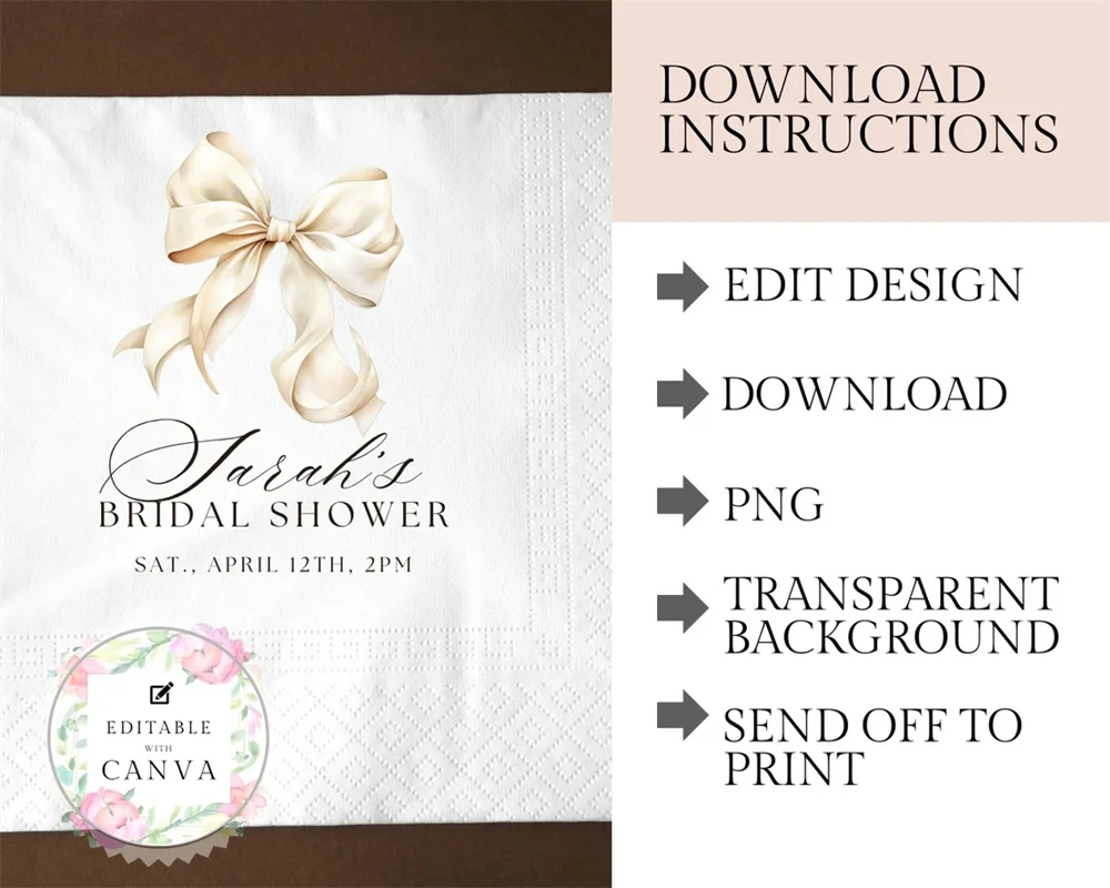 50PCS Napkin Image, Bow Bridal Shower | Editable Template | She's Tying the Knot | Wedding Shower Napkin Image Template, Canva T