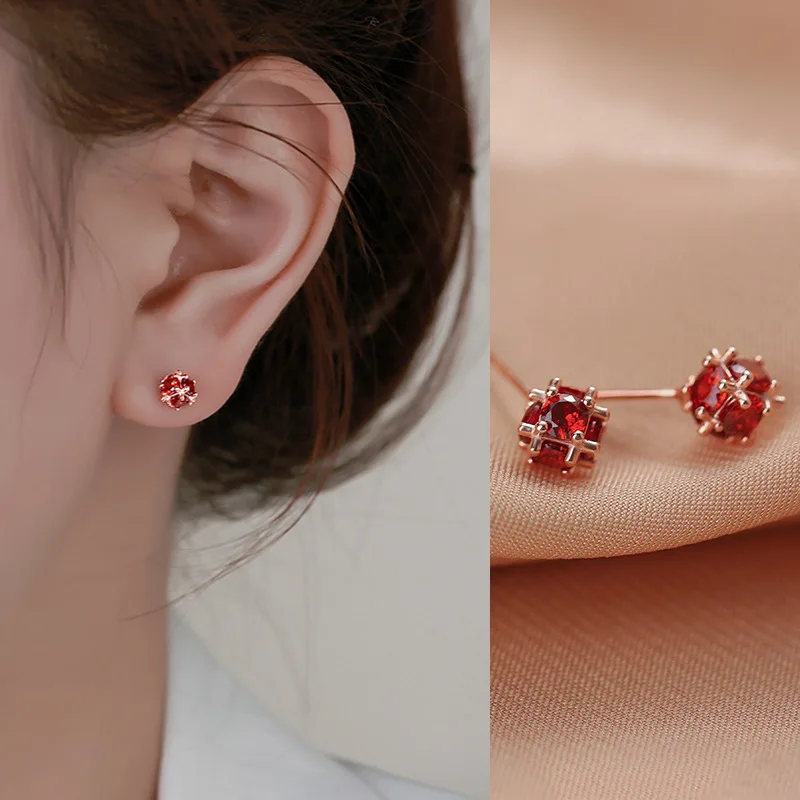 VOQ Silver Color Vintage Shiny Red Zircon Pierced Stud Earrings for Women Simple Chic Teen Daily Jewelry Earrings