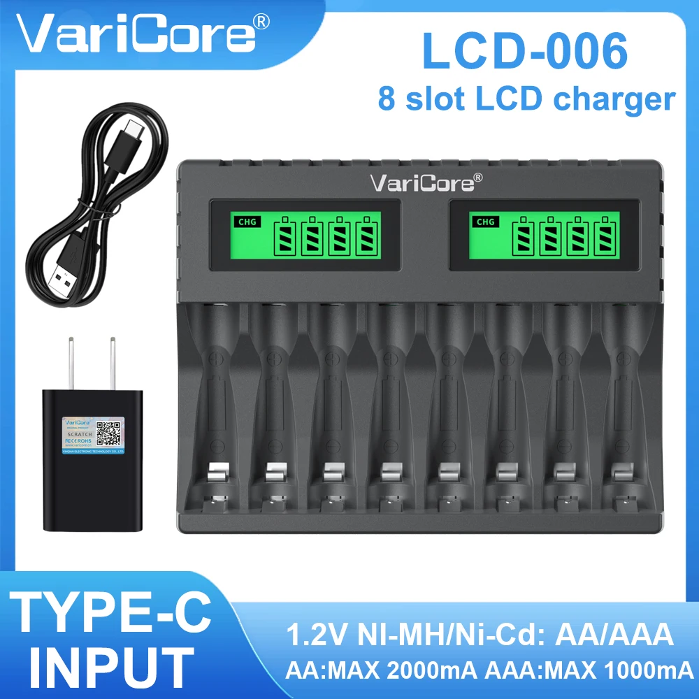 شاحن بطارية VariCore LCD-006 ذو 8 فتحات لبطاريات AA AAA Ni-MH القابلة لإعادة الشحن، شاحن ذكي عالمي مع شاشة LCD #6