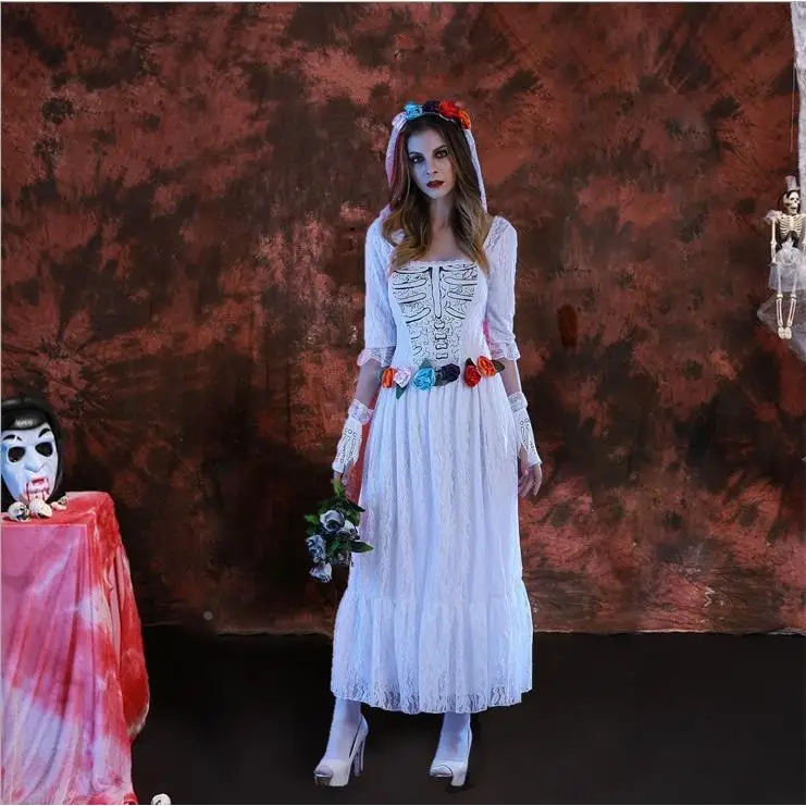 

Костюм для выступлений Queen Bar: Белая невеста-зомби, длинная юбка, одежда для ролевых игр на Хэллоуин, материал ПУ, женский стиль