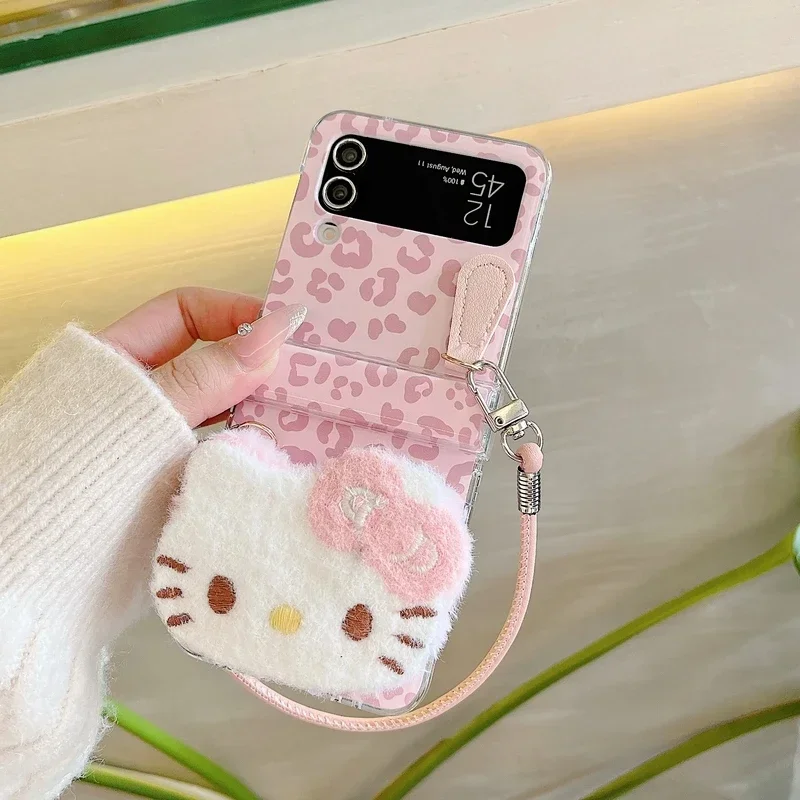 3D Cute Cartoon Sanrio Hello Kitty Leopard Print Furry Plush Phone Case For Samsung Galaxy Z Flip 6 5 4 3 Cover With Lanyard