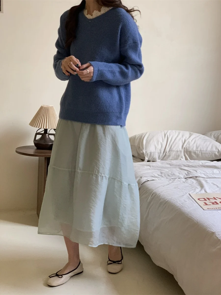 Ele gola de renda solta suéter sutil elegância design de malha longa sve redonda ne cor básica commute sle