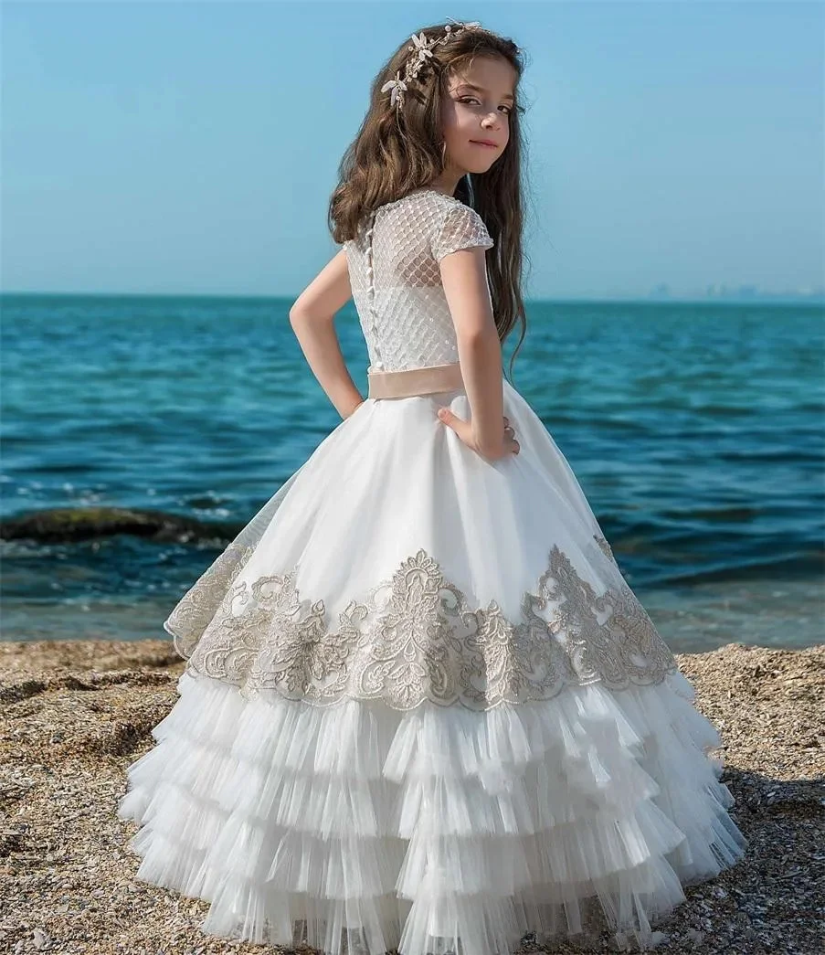 White Flower Girl Dress For Wedding Lace Tulle Short Sleeve Layered Kids Ball Gowns First Communion Beauty Pageant Dresses