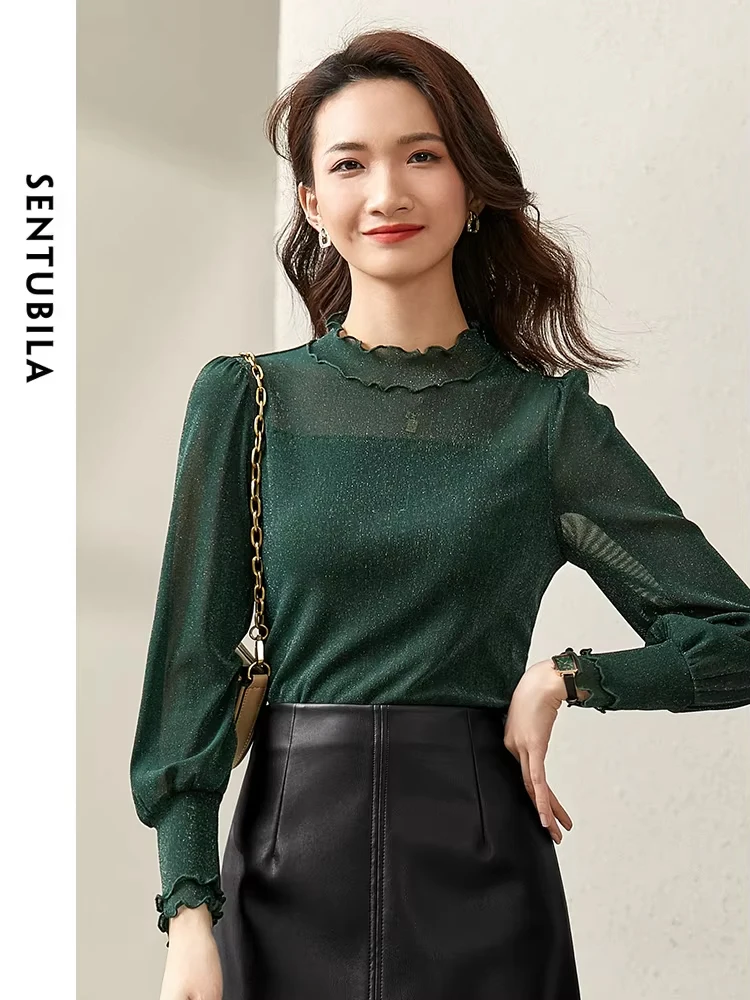 

SENTUBILA Sequin Long Sleeve T-shirt Women 2024 Autumn Fashion Elegant Office Lady Straight Tshirt Wave Mock Neck Top 123T43173