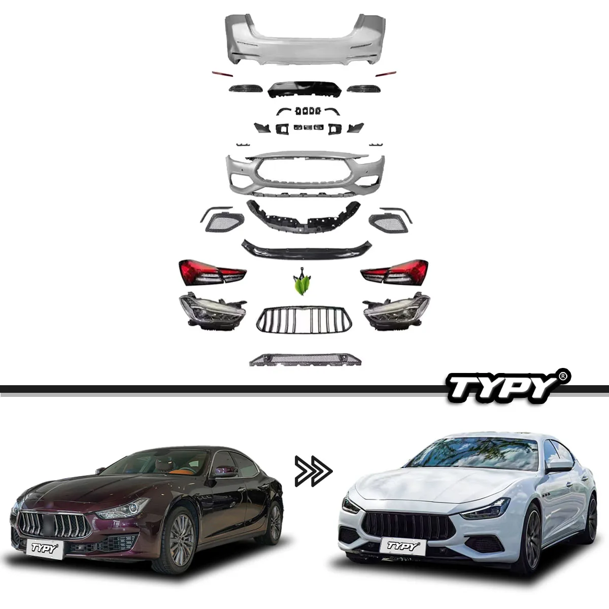 

Автомобильные аксессуары, передний и задний бампер для Maserati Ghibli, обновленный трофей, передний и задний бампер, решетка, комплект кузова, фары, задние фонари