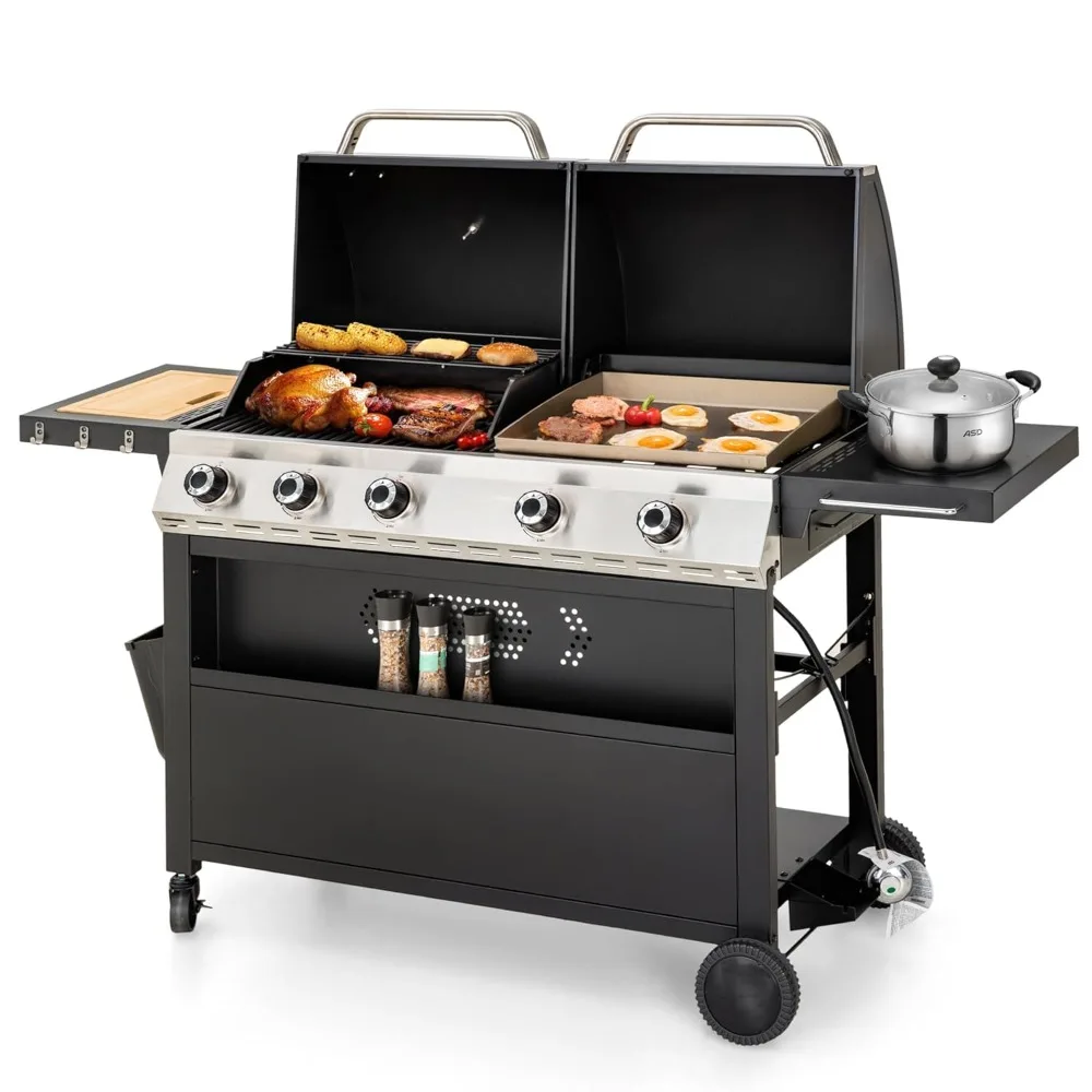 5-Burner Gas Grill Griddle Combo Cast Iron Grates Cutting Board Double Lids Propane Flat Top Outdoor Cooking, Custom