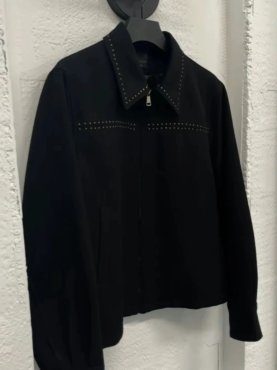 

Loose Men's Jaet Rivet Waed Outfit Casual Workwear Coat Youth Trendy Long Sve Flip Collar Regular Length Autumn Jaet