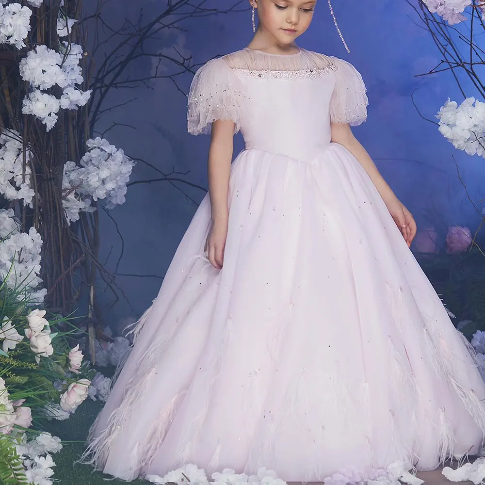 Jill Wish Luxury Blush Pink Girl Dress Feathers Beaded Princess Baby Kids Wedding Birthday Party Gown First Communion 2024 J391