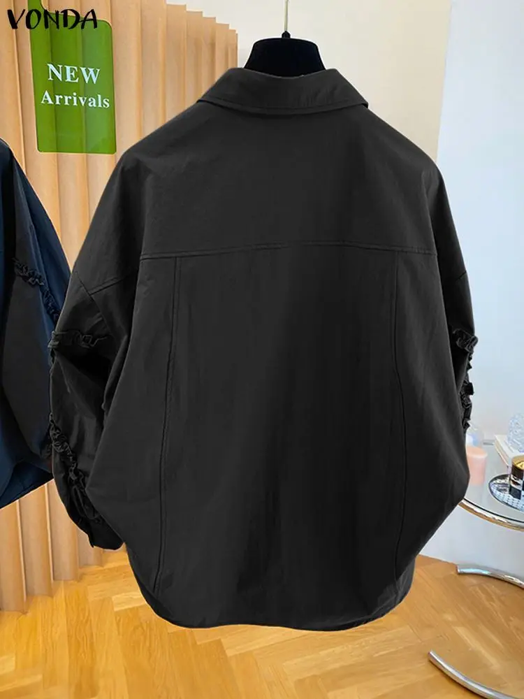 Plus Größe 5XL VONDA Mode Blusen Frauen Herbst Lange Laterne Hülse Shirts 2025, Solide Rüschen Tunika Tops Beiläufige Lose Blusas