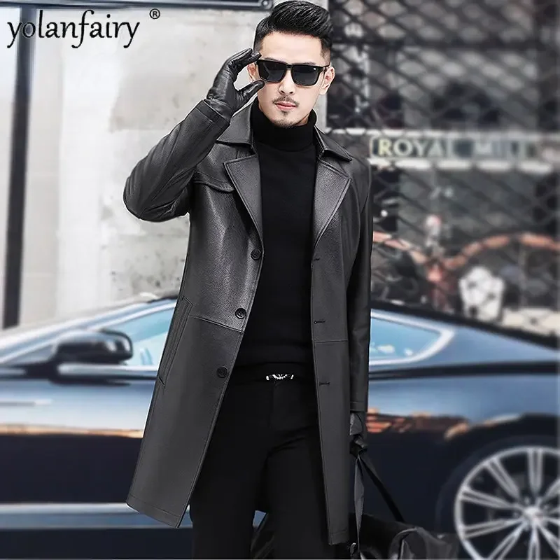 

Top Layer Cowhide Windbreaker Genuine Leather Jacket Men Long Business Mens Jacket Autumn Suit Collar Leather Coat Plus Size FC