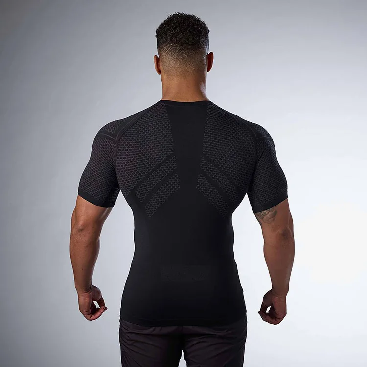 Muscle fitness exercise outdoor running elastic tight fitting quick drying clothes round neck short sleeved T-shirt