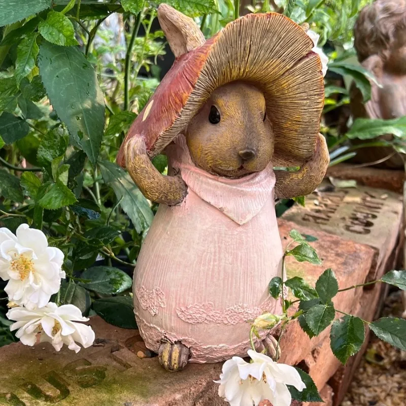 Resin Mushroom Hat Rabbit Statue Garden Fairy Decor for Outdoor Whimsical Cottage Ornament Handmade Artwork for Yard Decoration