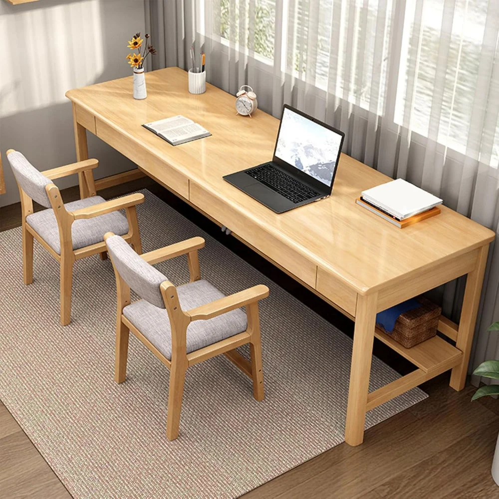 

Extra Large Two Person Office Desk,Wooden Double Computer Desk with 2 Drawers and Storage Shelves, Study Writing Table