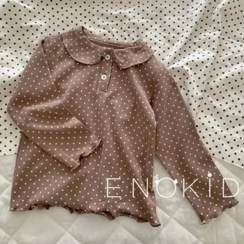 

Girls' polka dot base shirt Spring and Autumn Korean version children's fungus edge lapel long sleeved T-shirt