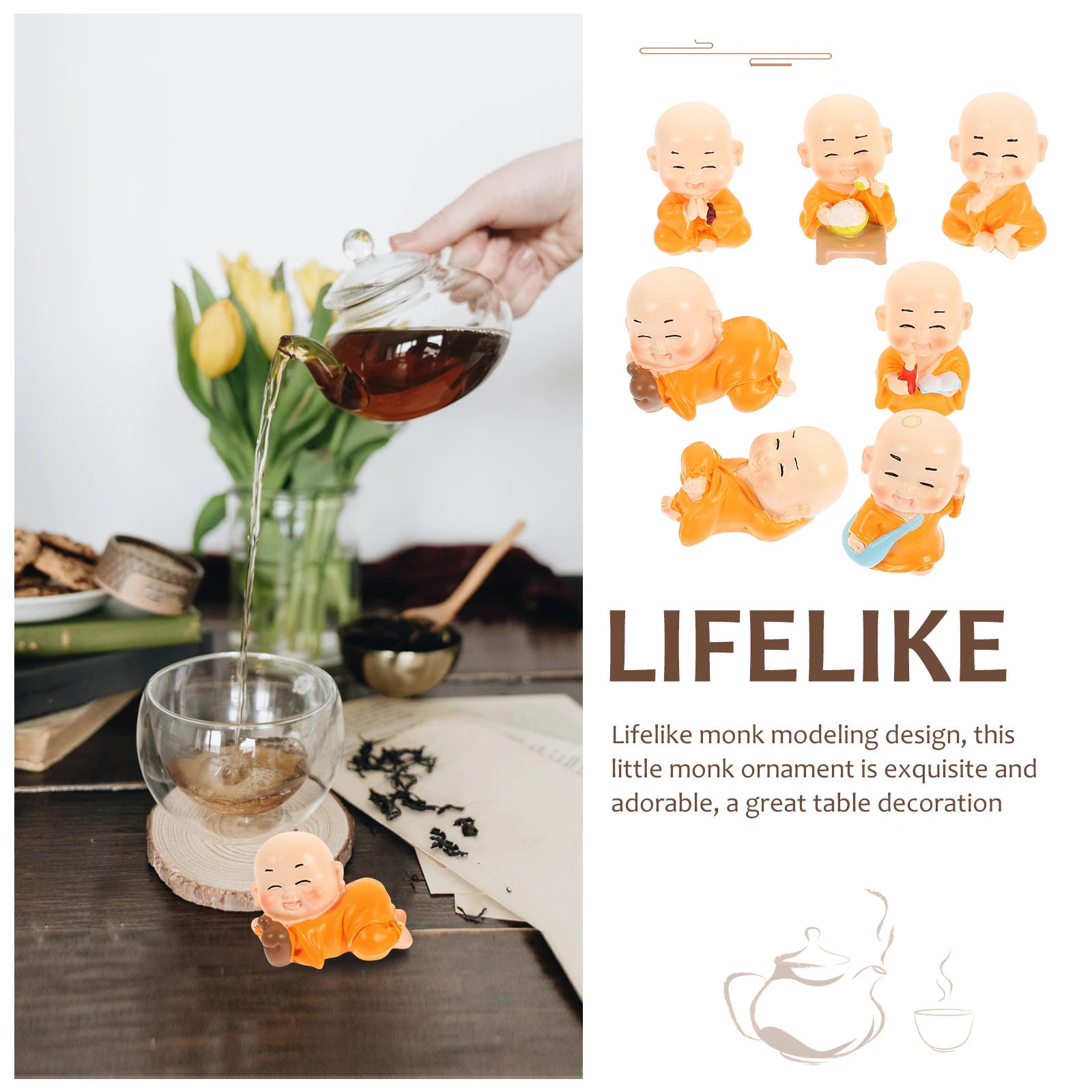 

7pcs Zen Monk Statue Decorative Resin Craft Home Decor Mini Monk Adornment Desktop Ornament Lifelike Compact Tea Table Accessory