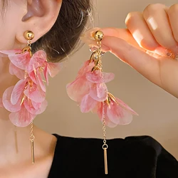 Pink Flowers Mesh Long Tassel Earrings For Women Temperament Crystal Drop Dangle Earring Party Wedding Jewelry Wholesale K0