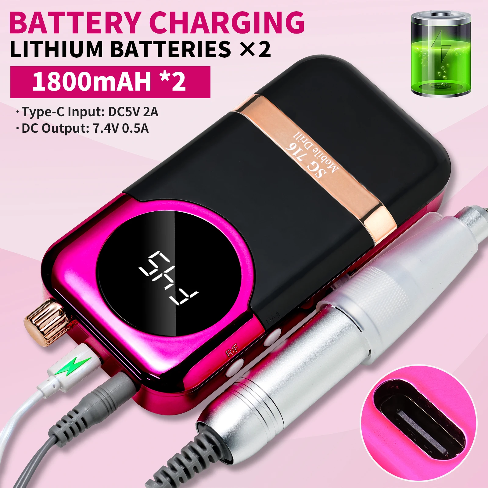 Professional Nail Drill Machine Kit Rechargeable 45000RPM Electric Nail Sander File for Manicure Gel Polish Remove Grinding