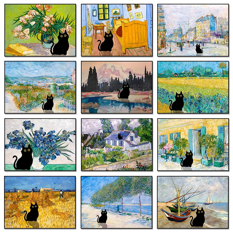 Funny Black Cat Flower Garden Flower Field Poster Print Canvas Painting Cute Animal Van Gogh Wall Art for Living Room Home De