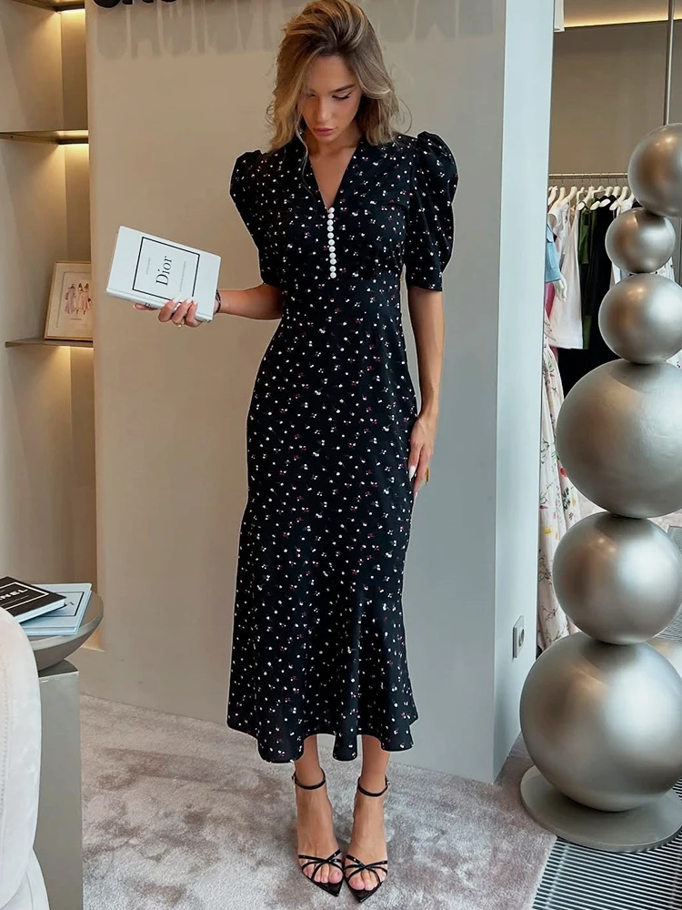 Oniflyme Sukienka maxi z nadrukiem i bufiastymi rękawami Moda damska Guziki Dekolt w szpic Krótki rękaw Bodycon Streetwear Seksowne damskie szaty imprezowe