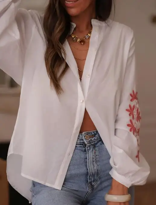 الملابس النسائية 2025 الخريف رقيقة قميص أنيق فضفاض ملصق مائي بأكمام طويلة النمط الصيني قميص خمر مطبوعة قميص أنيق