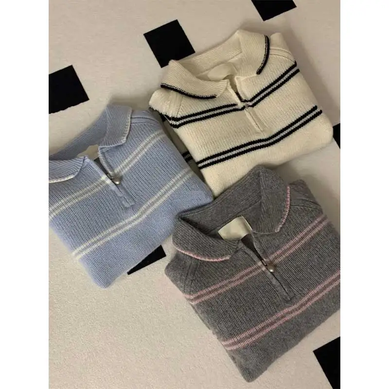 

Женская одежда, осенне-зимний модный корейский вязаный женский универсальный полосатый кардиган на молнии с цветными блоками, свободный свитер, пальто