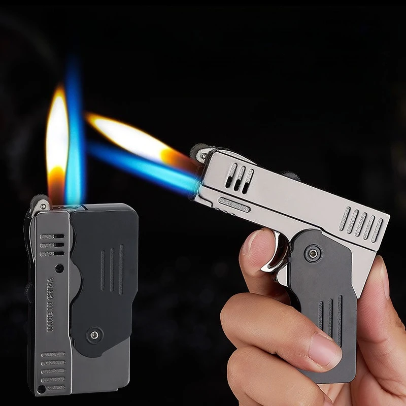 Twin Fire Deformed Pistol Lighter Butane Gas Kitchen Grill Accessories Big Jet Flame Fire Torch Fire Grinding Wheel Lighter