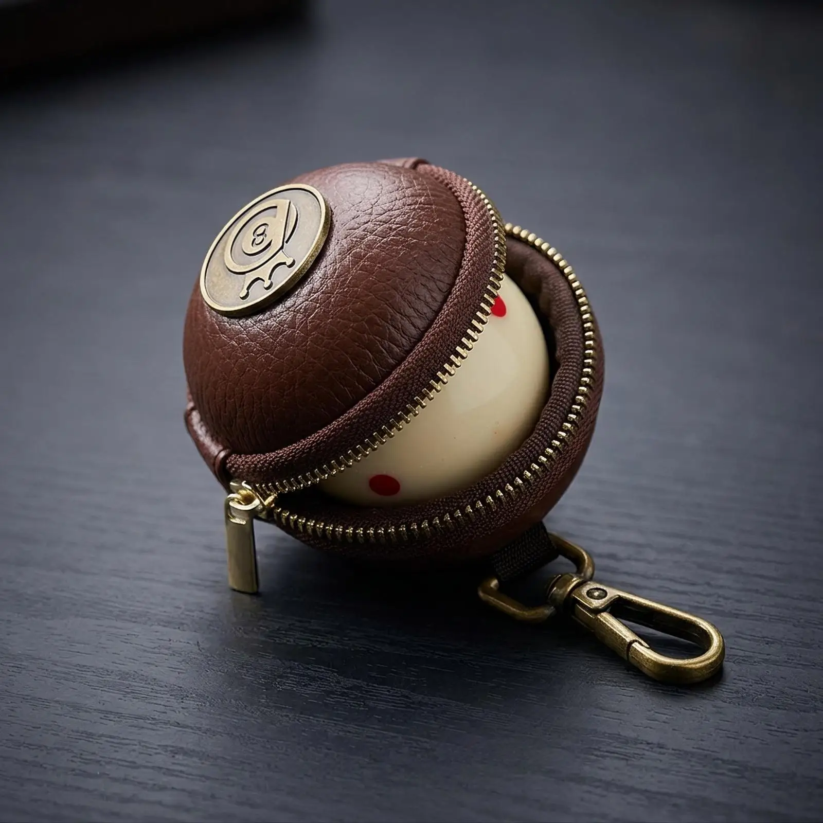 Single Billiard Ball Leather Pouch with Secure Zipper Closure for Pool Cue Sphere Protection Clip on Bag