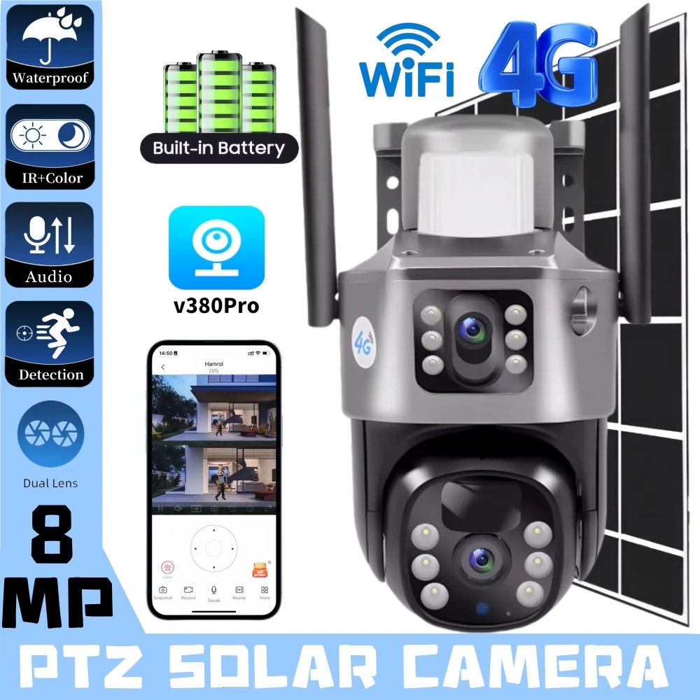 SWVW 4K 8MP Dual Screen Solar Camera Outdoor Wireless 4G/WiFi PTZ Dual Lens Security Protection Auto Tracking CCTV Cameras