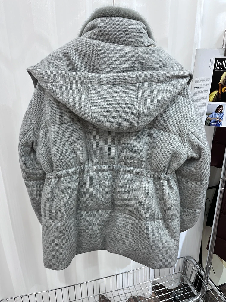 Mulheres inverno quente ganso para baixo jaqueta real gola de pele de vison bolso cashmere lã jaquetas grosso feminino outwear casaco puffer jaquetas