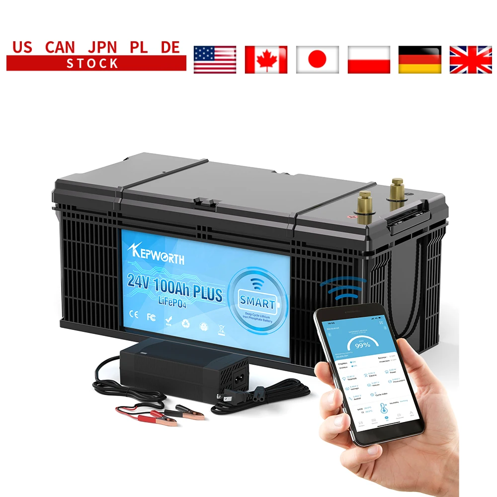 KEPWORTH 24V 100Ah LiFePO4 Batería incorporada Bluetooth BMS 2560WH perfecta para RV Solar Marine Overland Aplicación fuera de la red