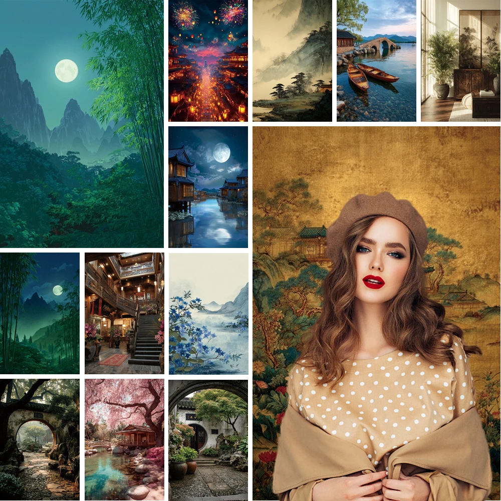

MOON.QG Raditional Chinese Garden Backdrop Lake Lantern Bridge Background Wallpaper Newborn Baby Photo Studio Wall Gender Reveal