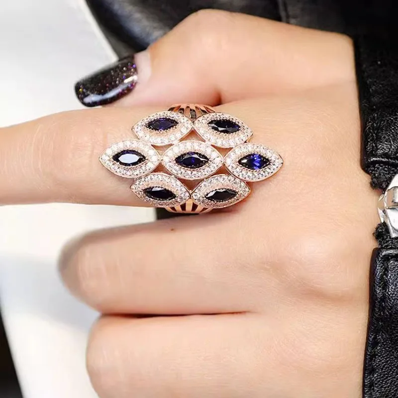585 Purple Gold Classic Sapphire Rings for Women Plated 14K Rose Gold Blue Gem Horse-eye Pointed Engagement Ring Fine Jewelry