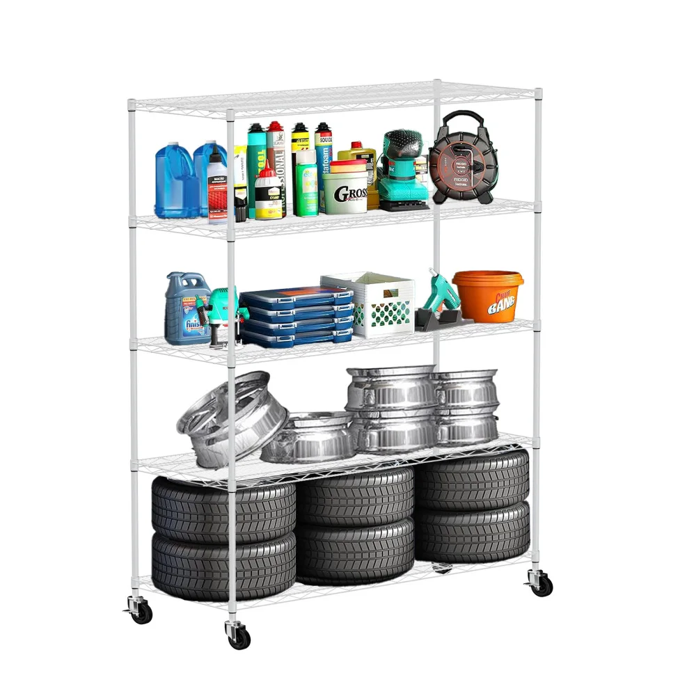 Warehouse Supermarket 5-layer Heavy-duty Adjustable Shelves Wheels Feet Each Metal Frame Bearing 300 Pounds 59