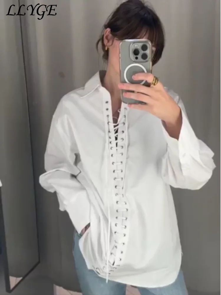 

Chic Women's Lace up Shirts Loose Lapel Long Sleeve Bandage Female Blouses 2025 Spring Summer Lady Commute All-match Tops